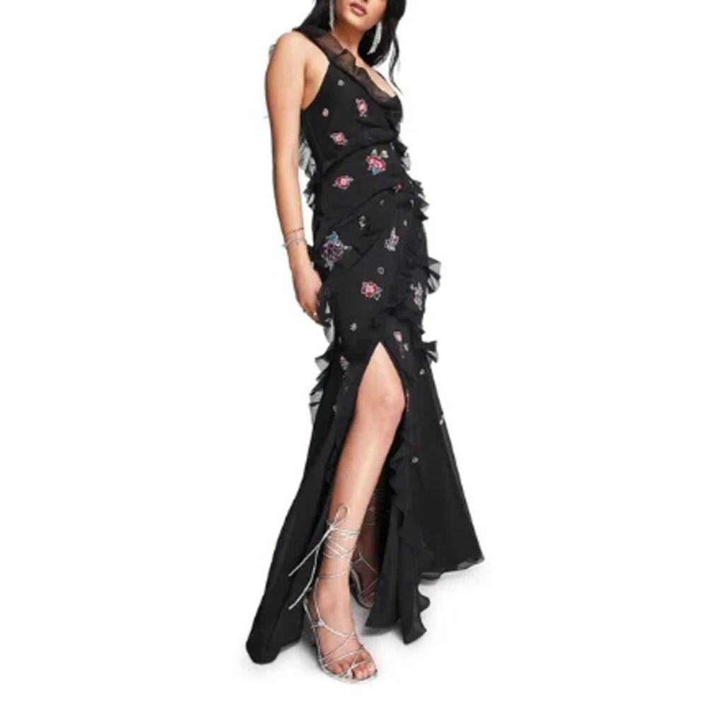NWT - ASOS Design Black Floral Sequined Gown - Size 12